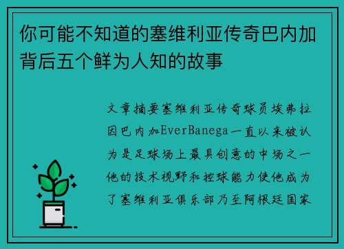 你可能不知道的塞维利亚传奇巴内加背后五个鲜为人知的故事